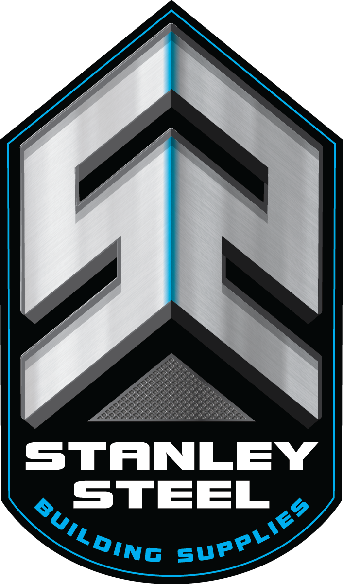 Stanley Steel, Steel Roofing & Siding, Rebar Logo of Stanley Steel Building Supplies featuring a stylized silver and blue geometric design reminiscent of new home construction, with the company name in bold white letters below. Stanley Steel, Steel Roofing & Siding, Rebar