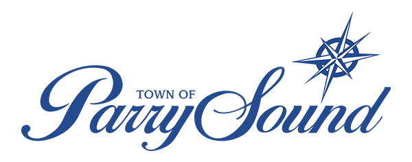 Stanley Steel, Steel Roofing & Siding, Rebar Logo of the Town of Parry Sound featuring stylized blue text and a blue compass rose, symbolizing the guiding beam for both visitors and new home construction initiatives. Stanley Steel, Steel Roofing & Siding, Rebar