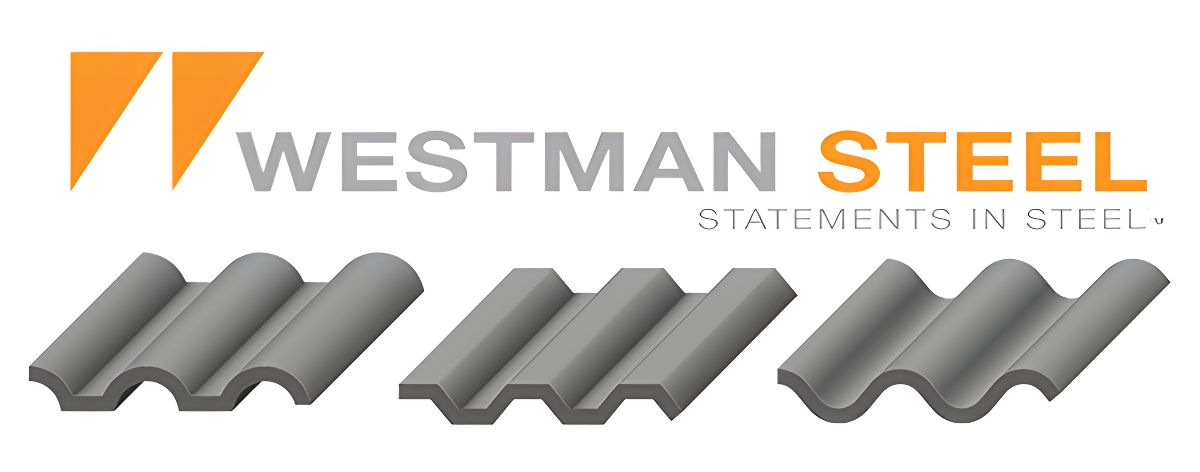 Stanley Steel, Steel Roofing & Siding, Rebar Westman Steel logo with three gray corrugated steel panels below, echoing the robust nature of concrete products, and the slogan "Statements in Steel" to the right. Stanley Steel, Steel Roofing & Siding, Rebar