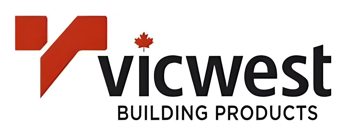 Stanley Steel, Steel Roofing & Siding, Rebar Logo of Vicwest Building Products featuring a red geometric shape with a maple leaf and the company name in black text, symbolizing strength and innovation in new home construction. Stanley Steel, Steel Roofing & Siding, Rebar